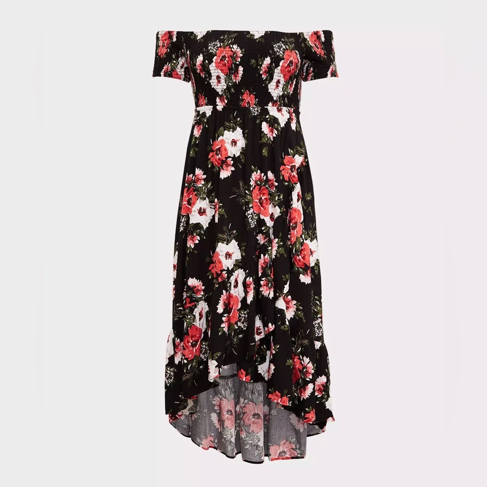 Torrid Black Floral Hi Lo Off Shoulder Dress Size 00 - Picture 3 of 11